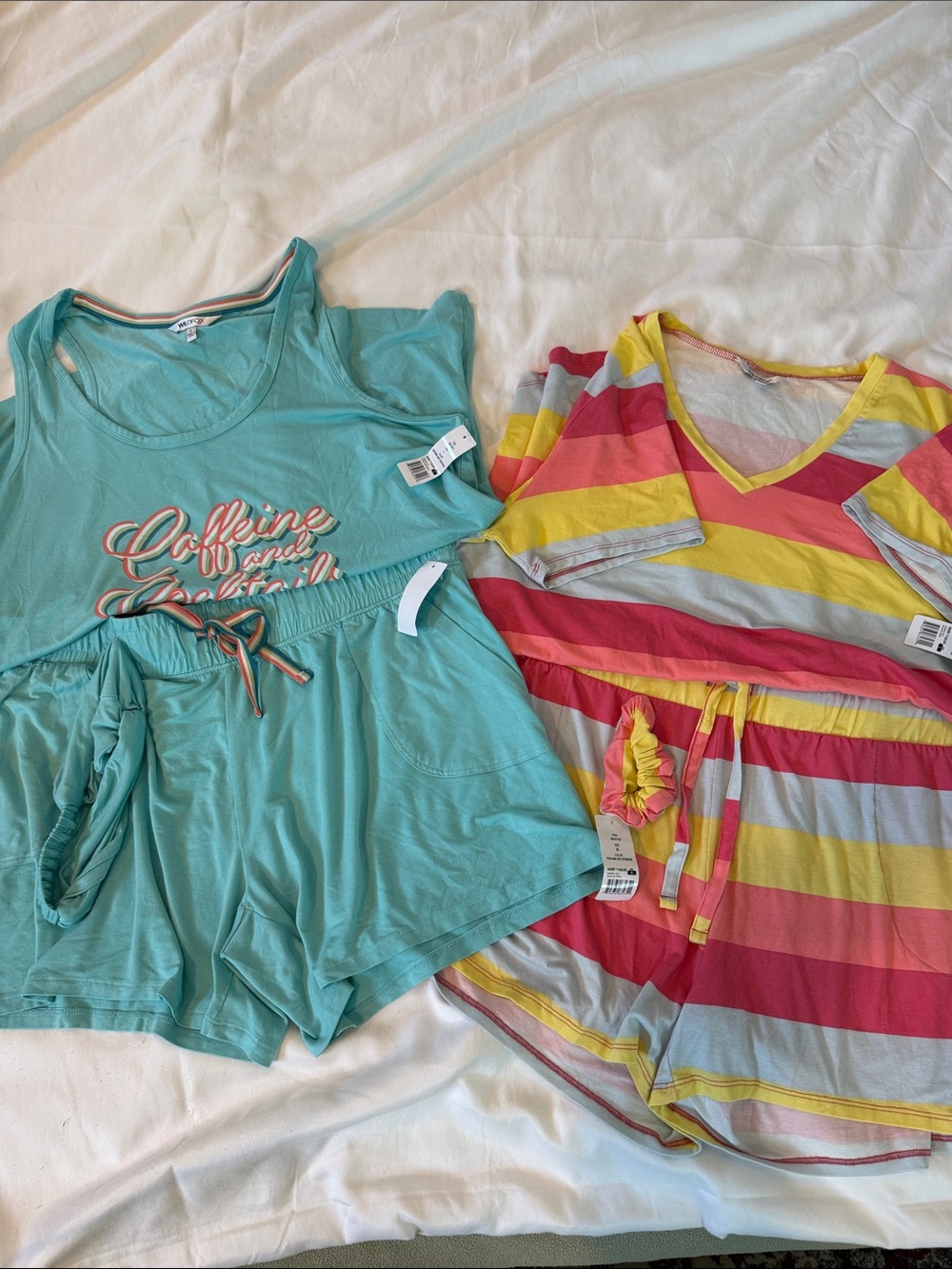 Aqua Lounge Set & Striped V-Neck Romper Duo both w/matching headbands, 2 sets.
